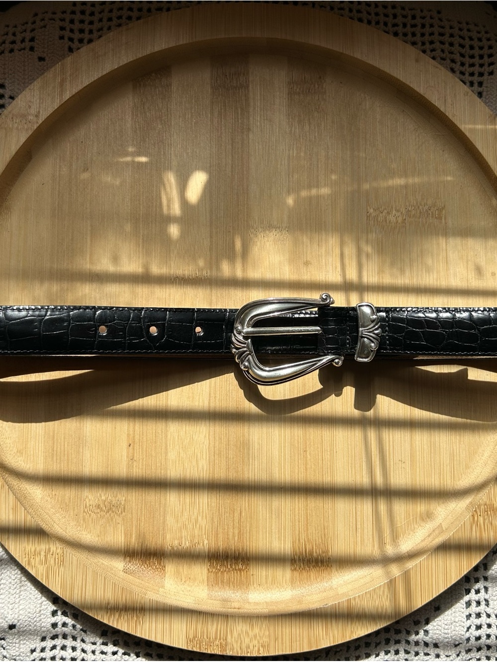 Brighton Black Croc-Embossed Leather Belt with Silver Ornate Buckle